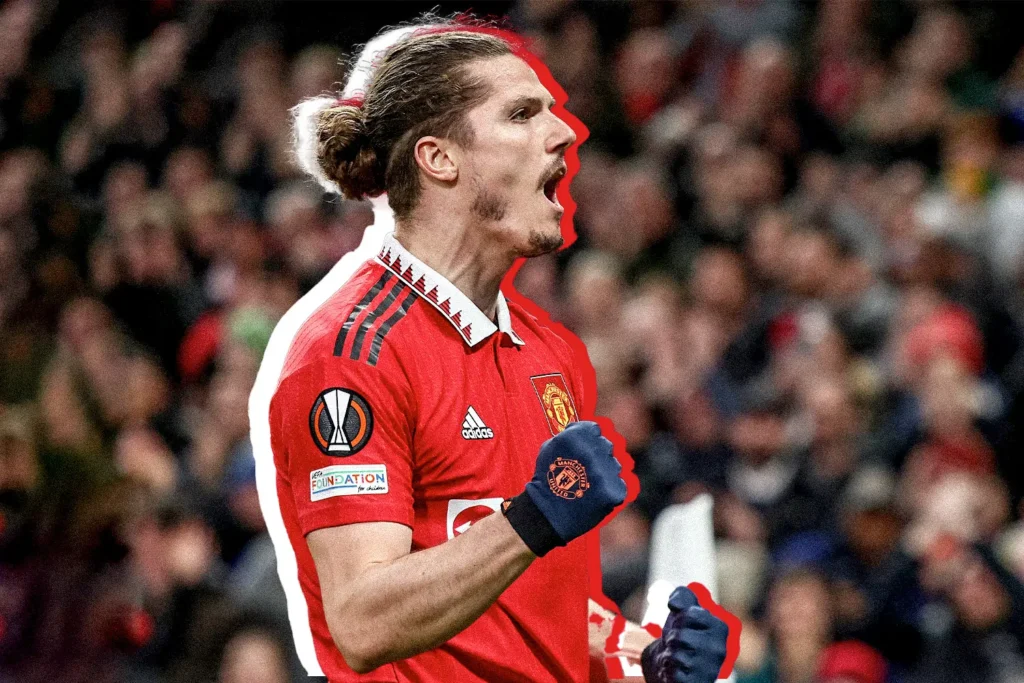 Marcel Sabitzer celebrating after goal for Manchester United